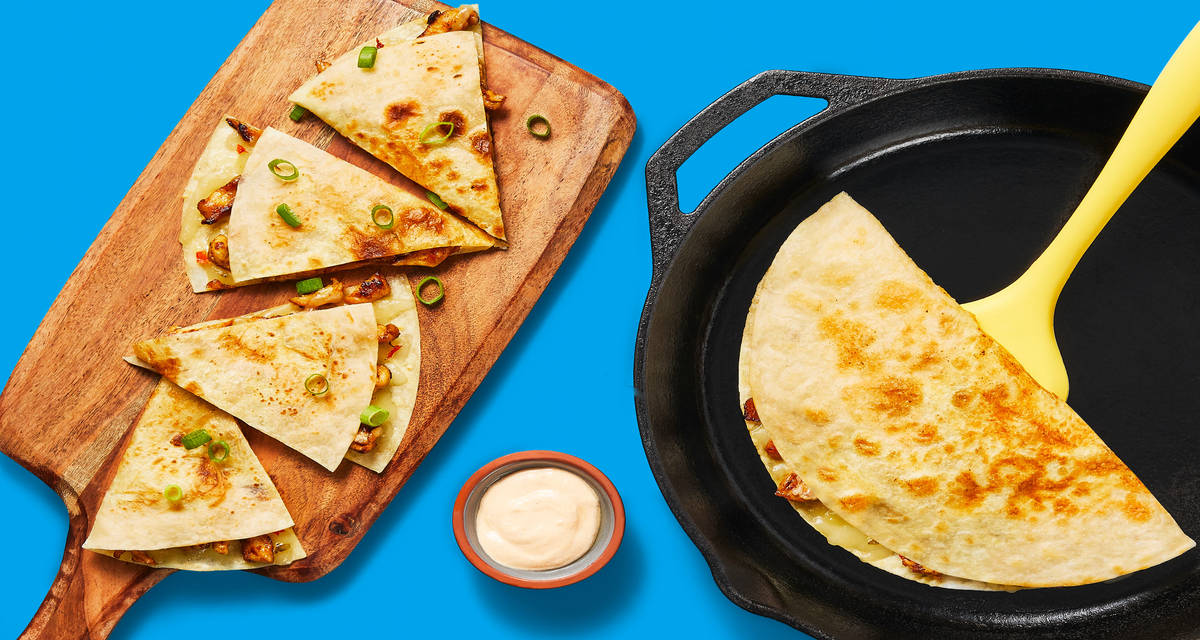One-Pan Easy Cheesy Steak Quesadillas with Smoky Red Pepper Crema