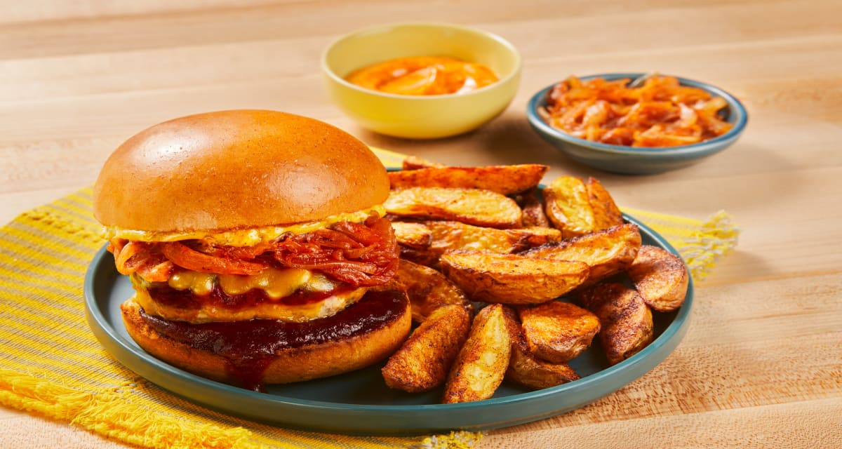 BBQ Cheddar Pork Burgers with Chipotle Aioli & Potato Wedges-image
