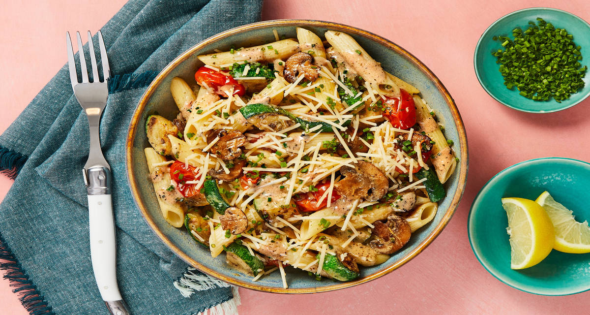 Silky Sicilian Penne & Scallops tossed with Mushrooms, Zucchini & Tomatoes