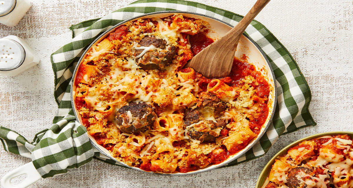 Stuffed-Meatball Rigatoni Bake with a Parmesan & Panko Crust