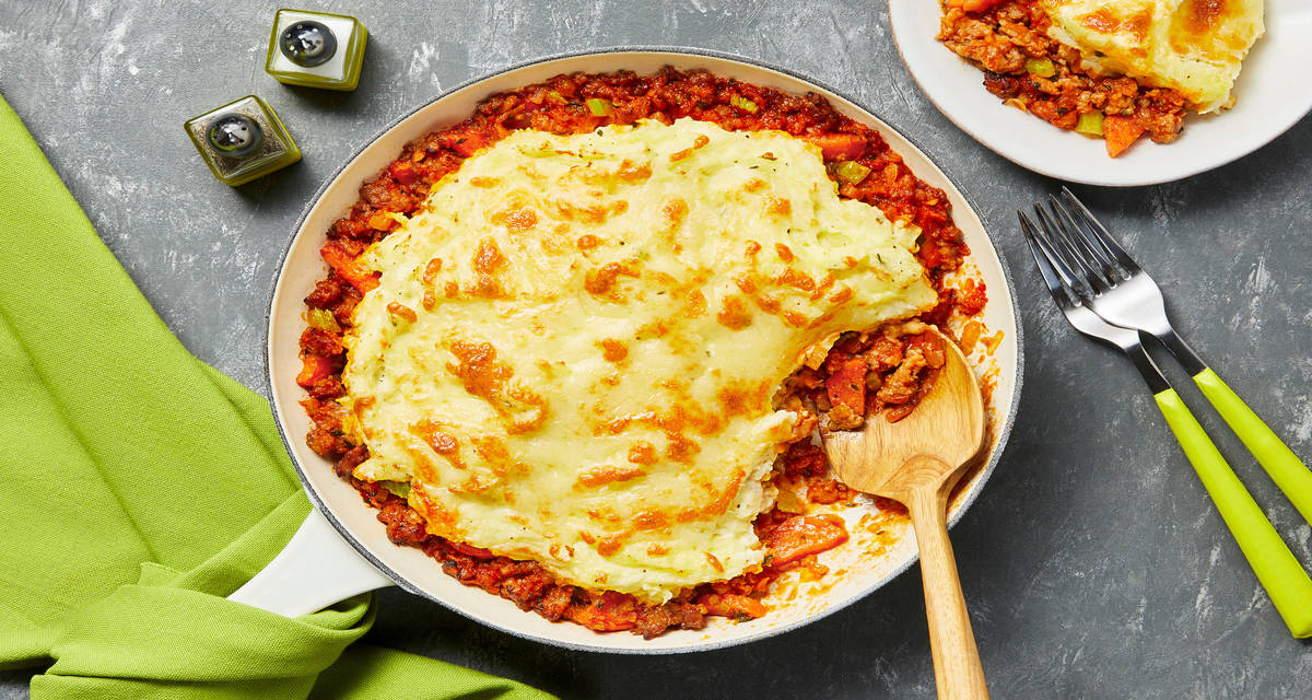 Pork Sausage Cottage Pie topped with Cheesy Thyme Mashed Potatoes