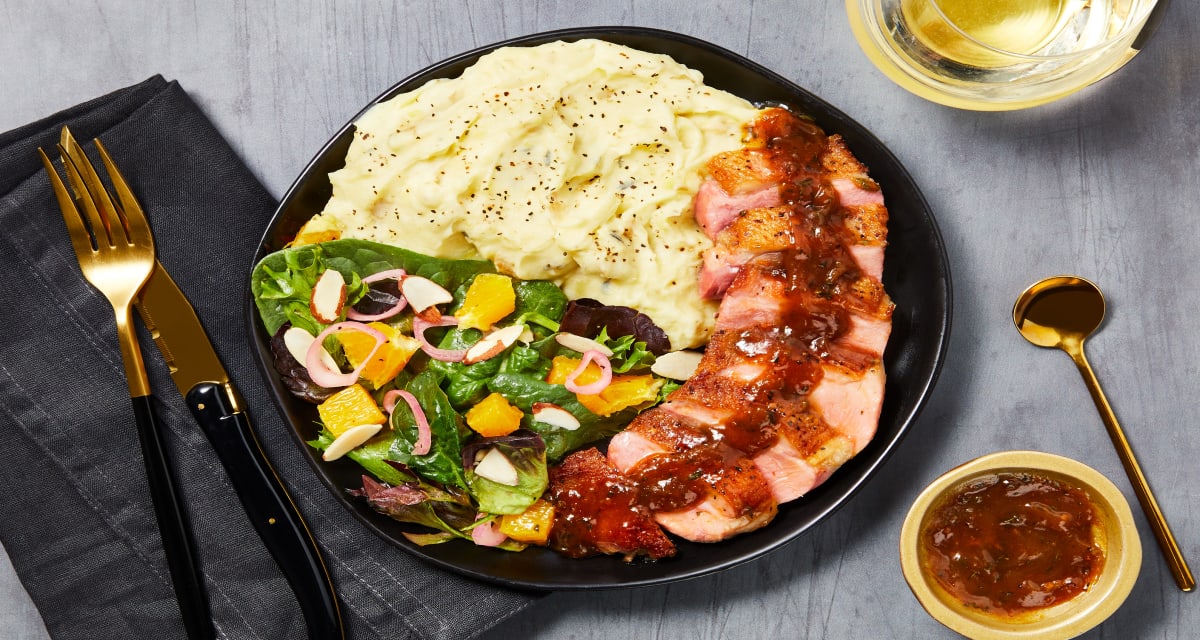Duck à l’Orange with Duck-Fat Mashed Potatoes & Mixed Greens Almond Salad-image