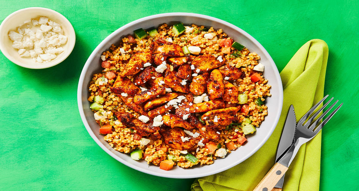Spicy Harissa Chicken Bowls over Tabbouleh with Feta & Greek Vinaigrette
