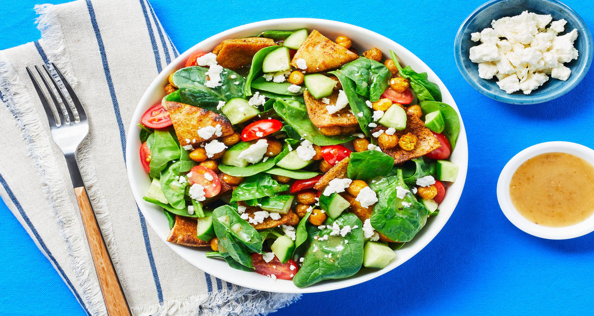 Chickpea Fattoush with Grape Tomatoes, Cucumber, Toasted Pita & Feta