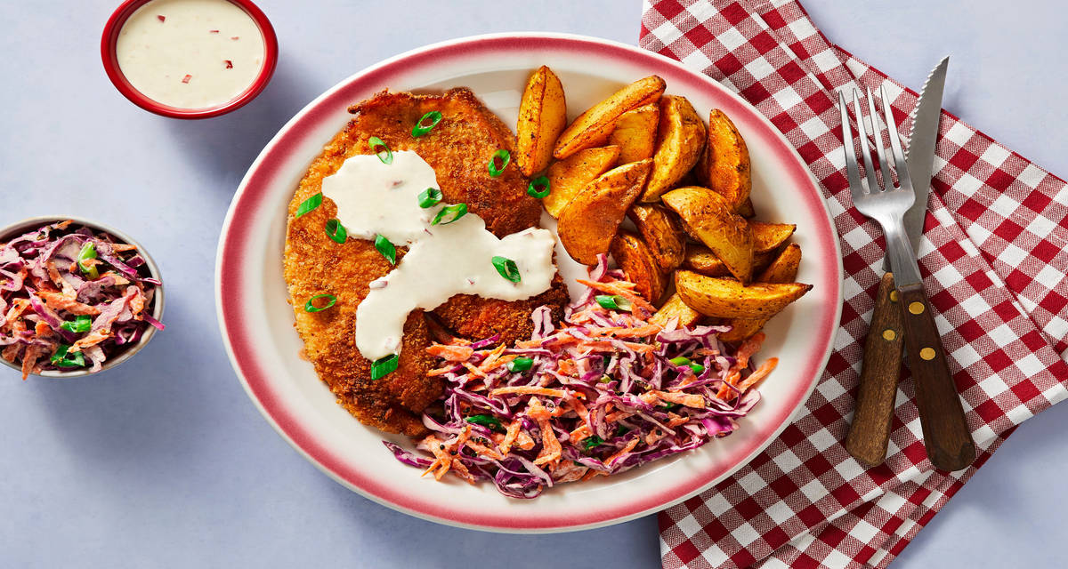 Louisiana-Style Tilapia with Potato Wedges, Red Cabbage Slaw & Spicy Remoulade