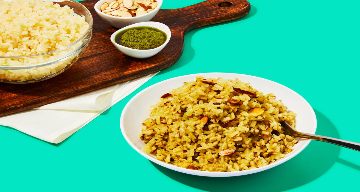 Almond-Pesto Cauliflower “Rice” Pilaf Harness the cauli power. | 4 Servings