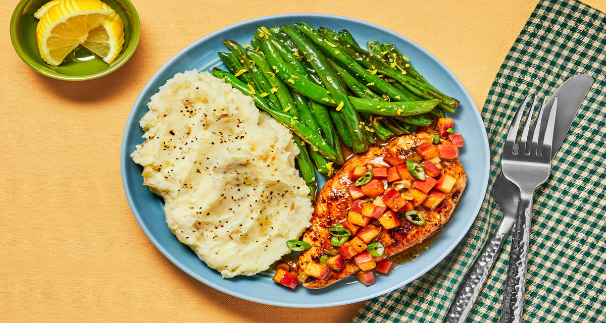 Brown Sugar Bourbon Chicken with Apple Pan Sauce, Garlic Mashed Potatoes & Zesty Green Beans