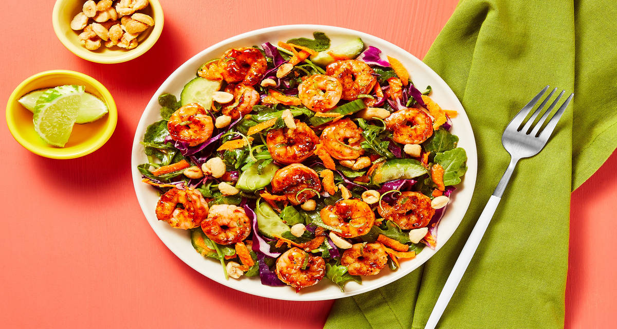 Thai Shrimp with Candied Peanuts over Sesame Cabbage & Arugula Salad