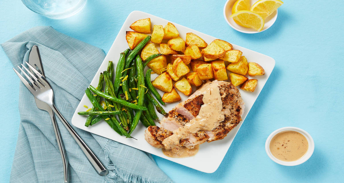 Steakhouse Beef Tenderloin with Roasted Potatoes & Lemony Green Beans