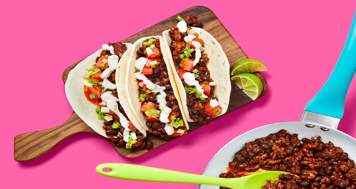 One-Pan Beefy Black Bean Tacos with Salsa Fresca & Lime Crema