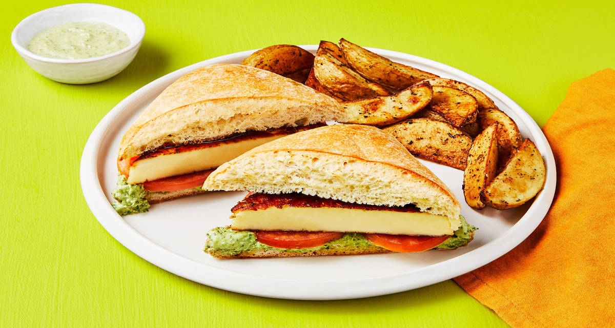 Creamy Pesto Grilling Cheese Ciabattas with Tomato, Balsamic Glaze & Potato Wedges