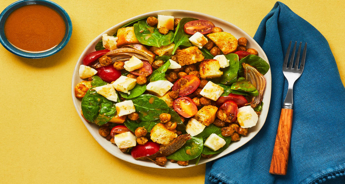 Spinach Caprese Salad with Herbed Chickpeas, Caramelized Shallots & Creamy Balsamic Vinaigrette