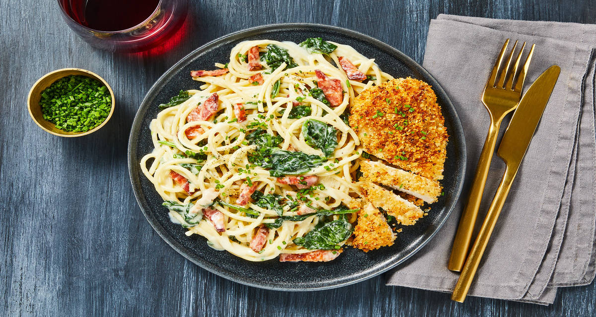 Crispy Chicken & Bacon Alfredo with Spinach, Parmesan & Chives