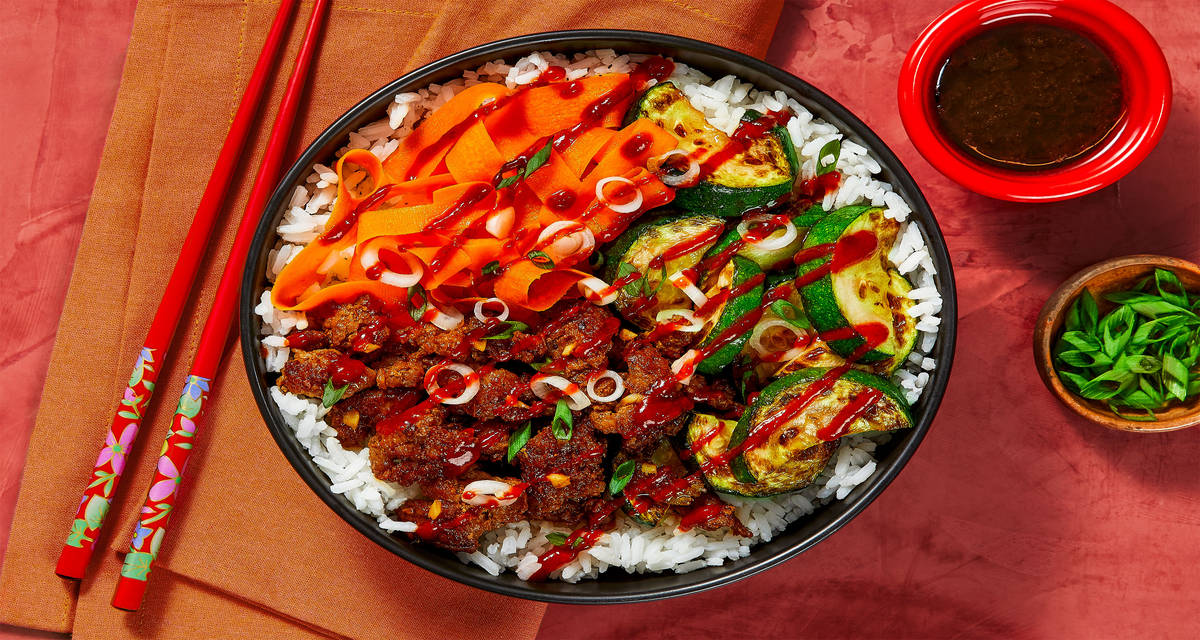 Beef & Veggie Bibimbap with Carrots & Pickled Scallions