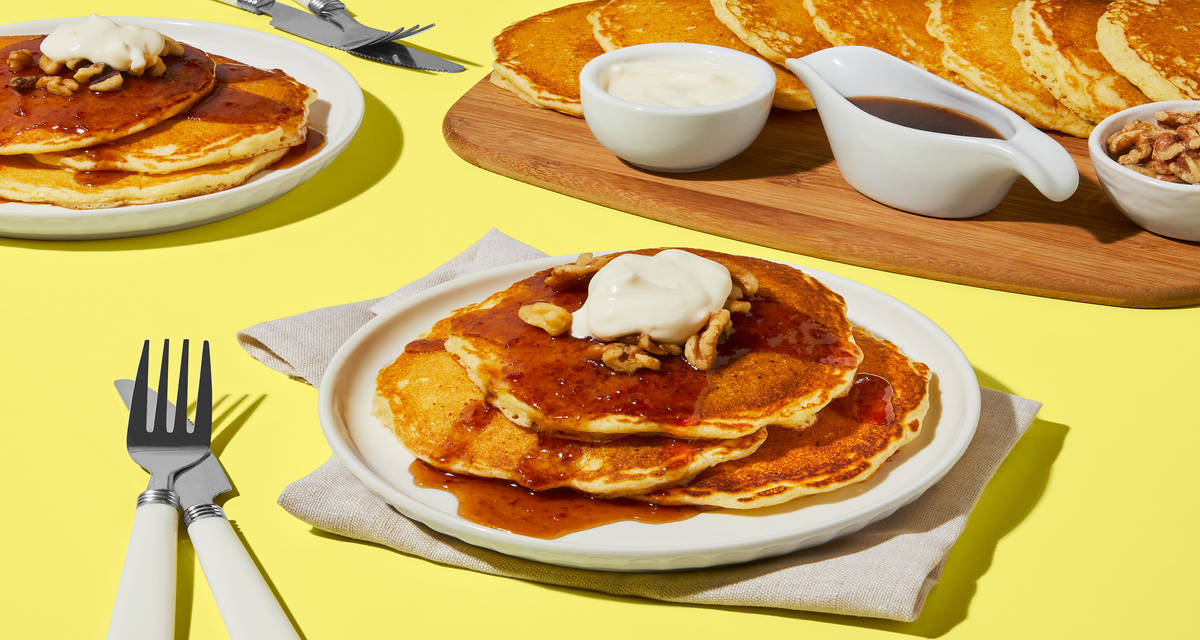 Lemon Ricotta Pancakes with Cherry Maple Syrup, Walnuts, & Lemony Crème Fraîche | Serves 4