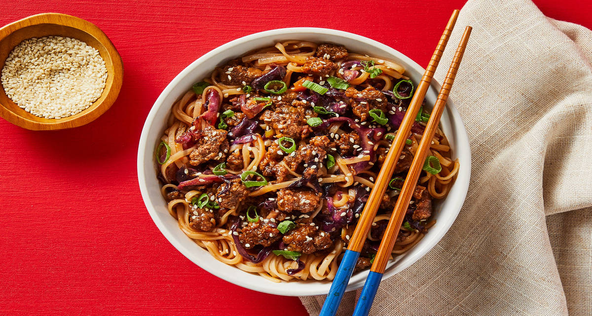 Szechuan Beef Noodles with Scallions & Sesame Seeds