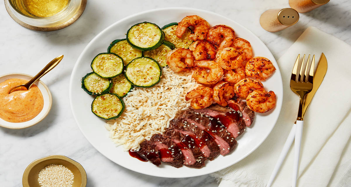 Hibachi Sweet Soy Bavette Steak & Shrimp with Garlic Rice, Sesame-Roasted Zucchini & Spicy Special Sauce