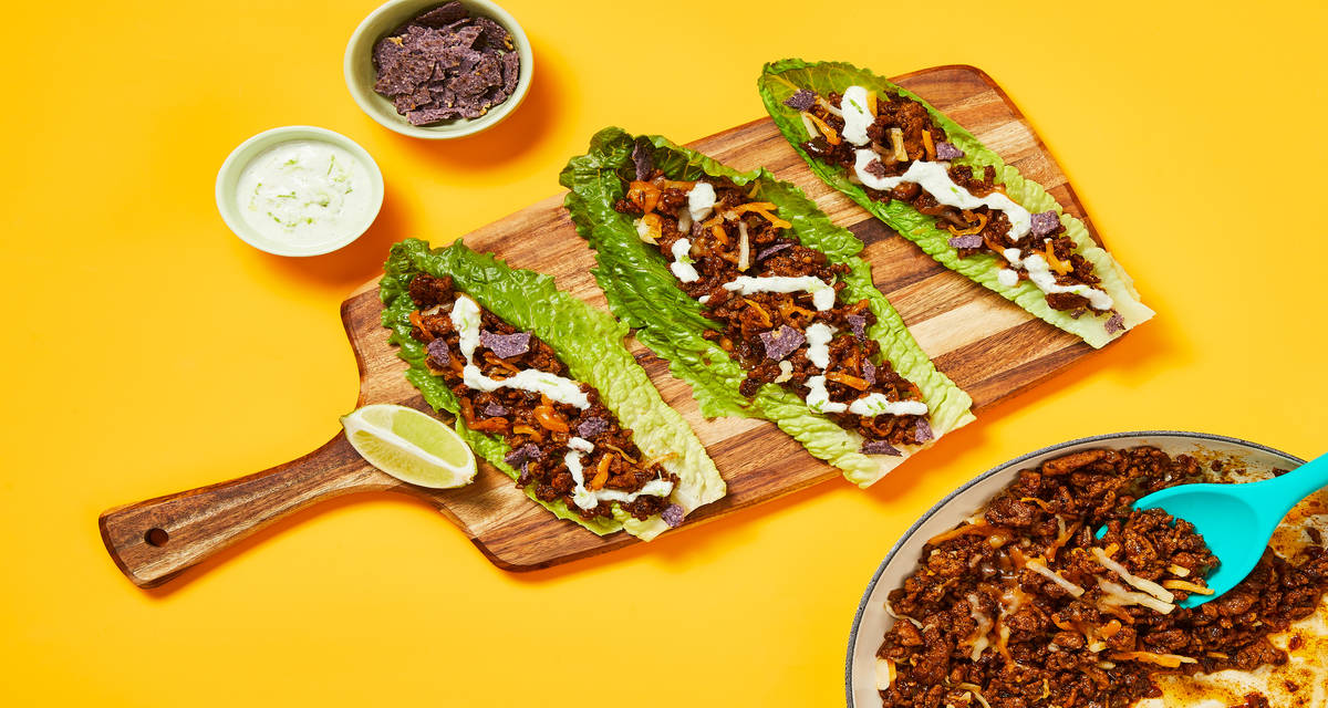 One-Pan Pork Fajita Lettuce Wraps with Blue Corn Tortilla Chips & Lime Crema