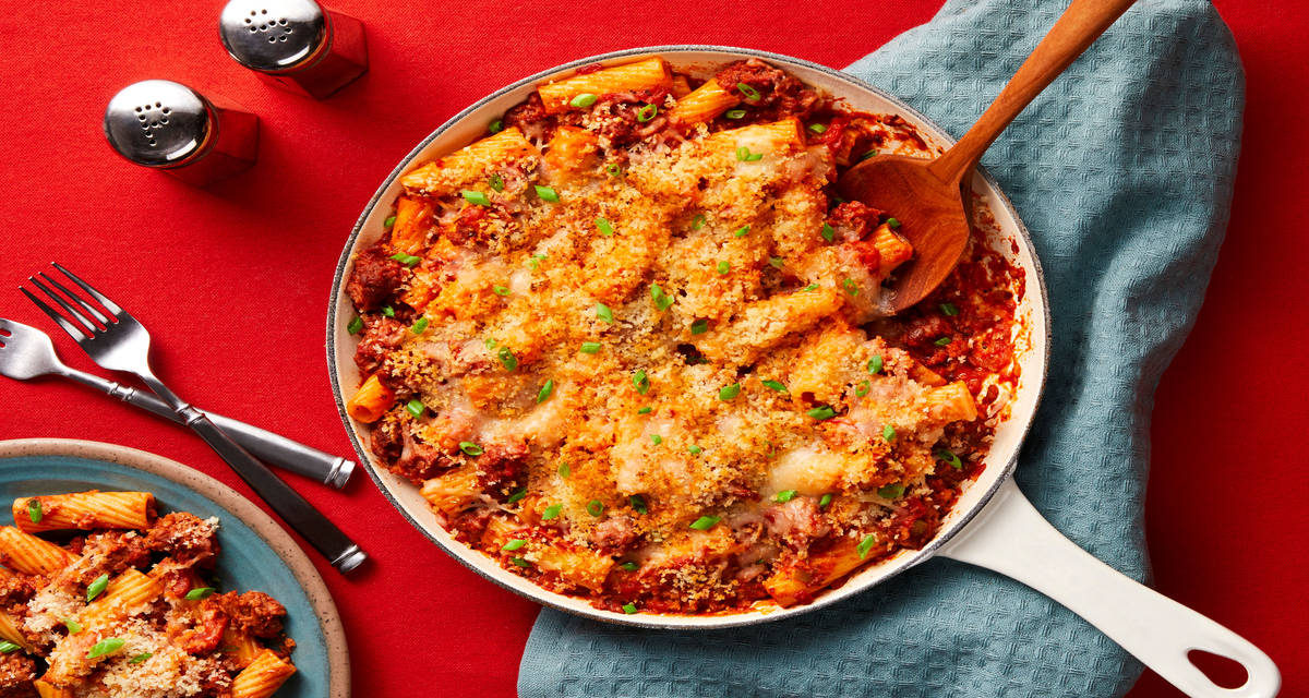 Plant-Based Protein Ragù Rigatoni Bake Protein that tastes like meat (without the meat)