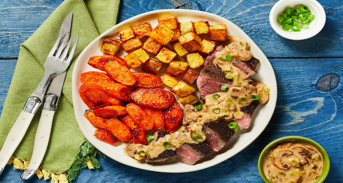 Steak with Mushroom Cream Sauce plus Roasted Potatoes & Carrots