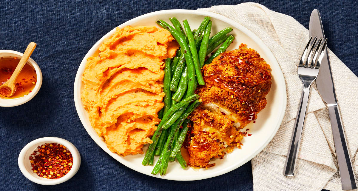 Spicy Maple Chicken with Mashed Sweet Potatoes & Roasted Green Beans-image