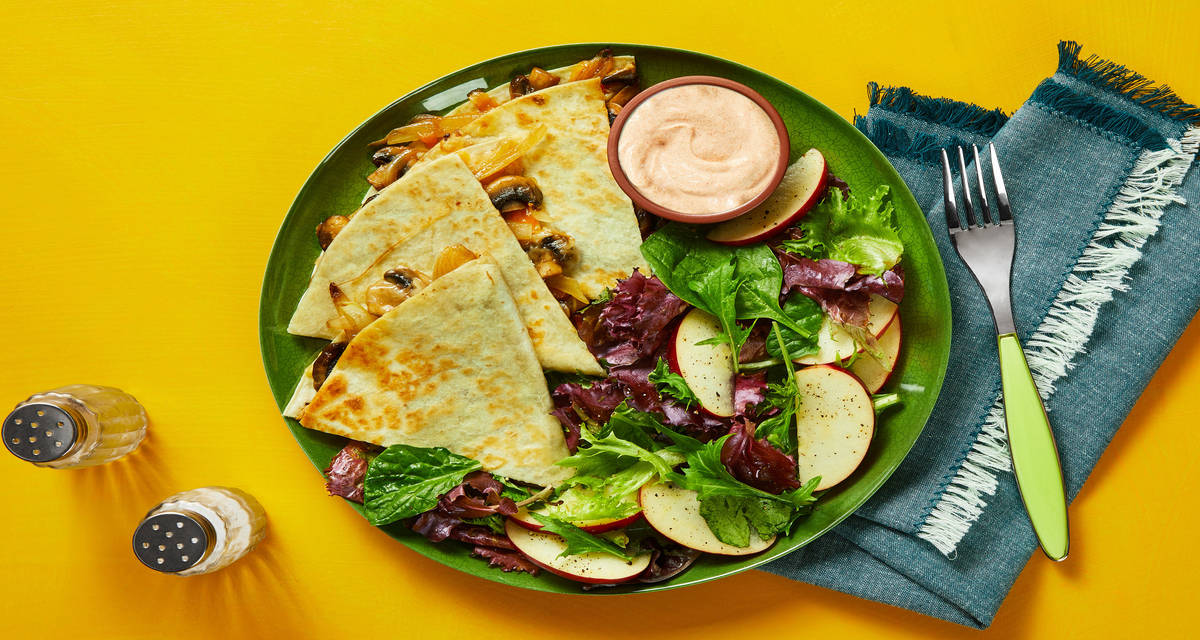 Mighty Mushroom Tortilla Melts with Caramelized Onion & an Apple Salad
