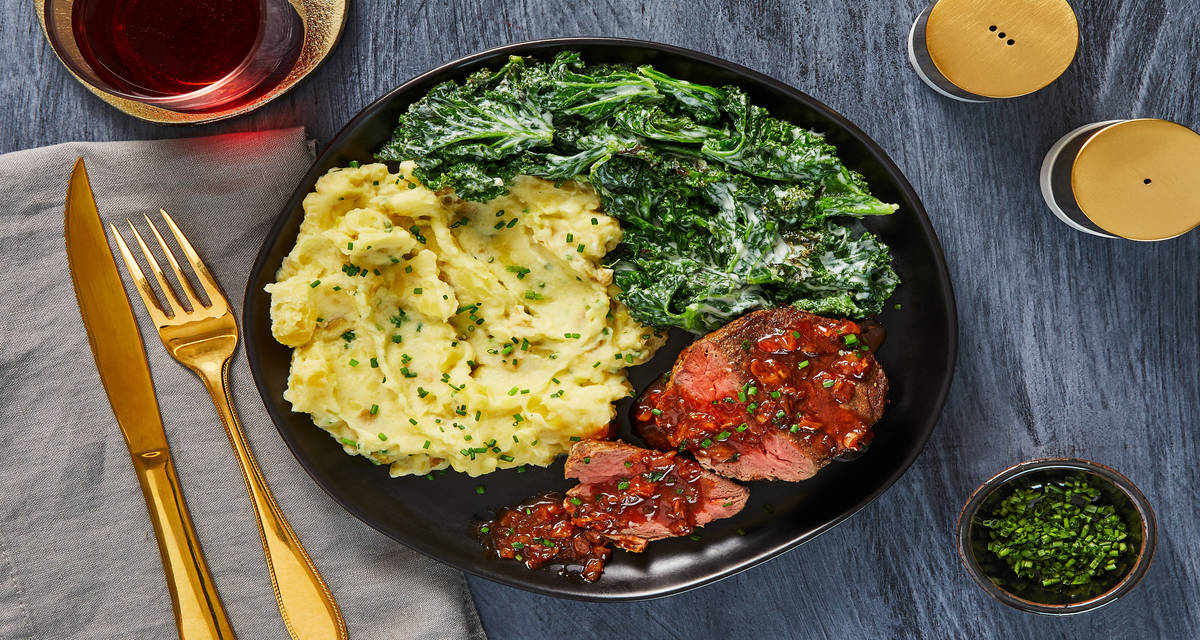 Beef Tenderloin & Shallot Pan Sauce with Garlic-Herb Creamed Kale & Mashed Potatoes