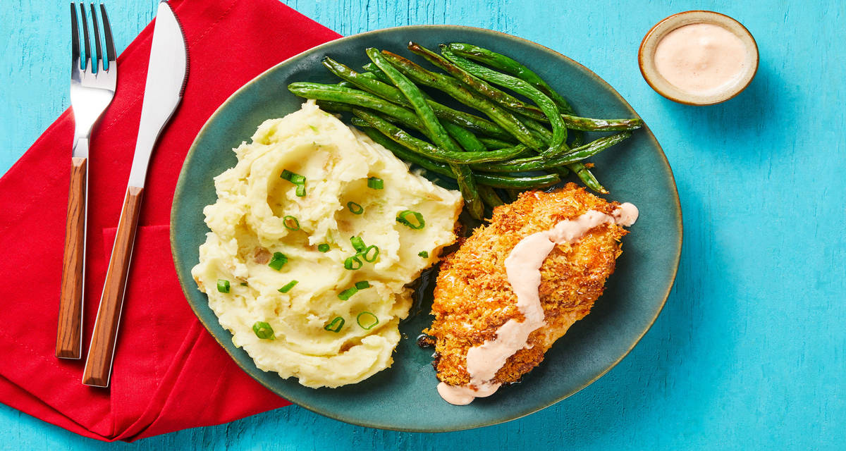Buffalo-Spiced Crispy Chicken Cutlets with Mashed Potatoes, Green Beans & a Honey Drizzle