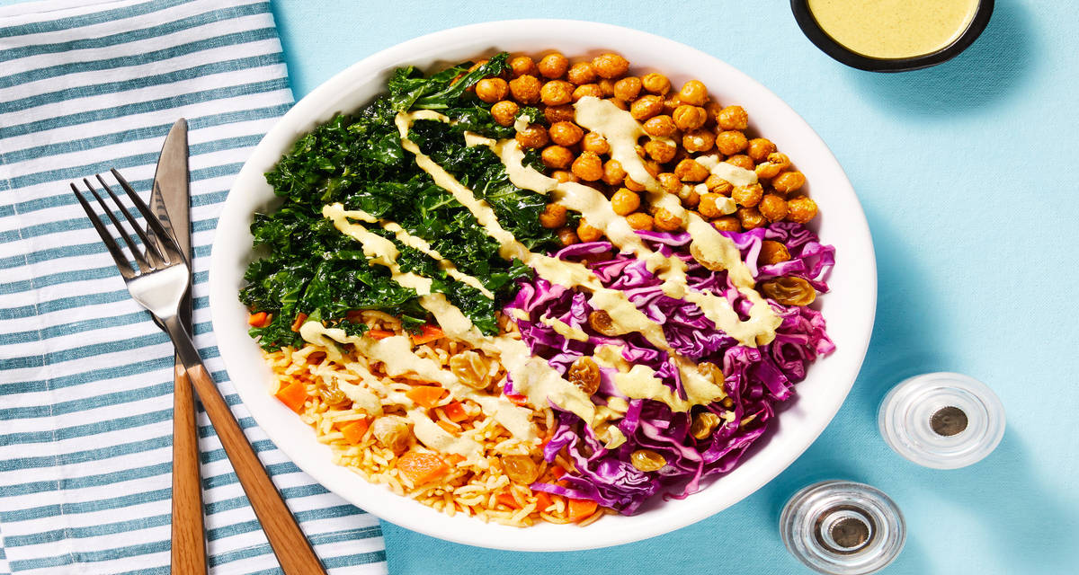Salmon & Curried Chickpea Bowls with Golden Raisins & Pickled Cabbage