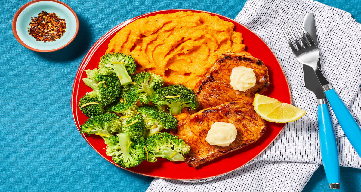 Honey-Butter BBQ Pork Cutlets with Mashed Sweet Potatoes & Broccoli