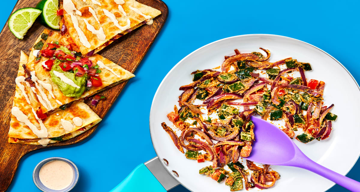 One-Pan Rajas Quesadillas with Salsa Fresca, Southwest Crema & Guacamole-image
