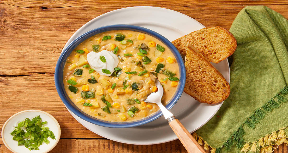 Bacon & Poblano Corn Chowder with Old Bay Toast