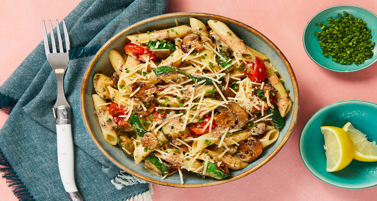 Silky Sicilian Shrimp Penne tossed with Mushrooms, Zucchini & Tomatoes