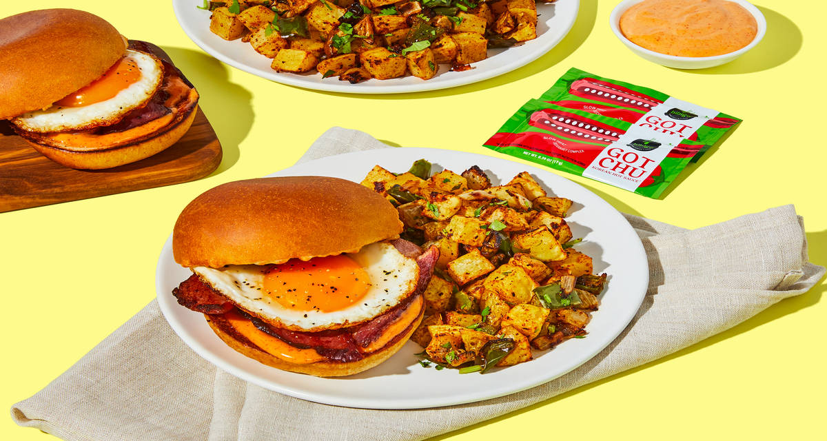 Bacon, Egg & Cheese Sandwiches with bibigo GOTCHU Mayo & Potato, Pepper & Cilantro Hash | 2 servings
