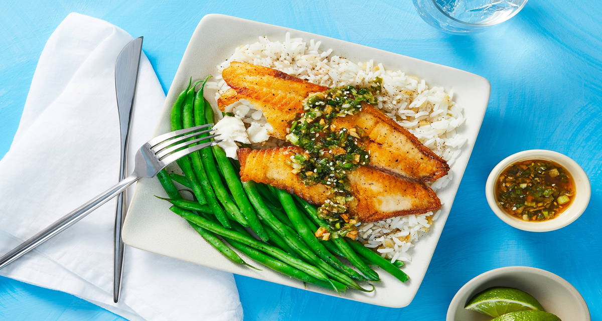 Tilapia with Sesame-Scallion Pesto over Ginger Rice with Green Beans