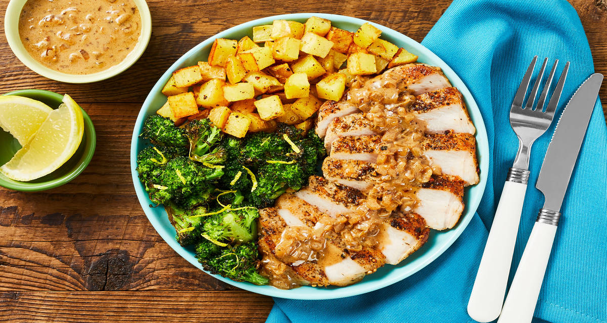Steakhouse-Style Salmon with a Creamy Pan Sauce, Roasted Potatoes & Lemony Broccoli