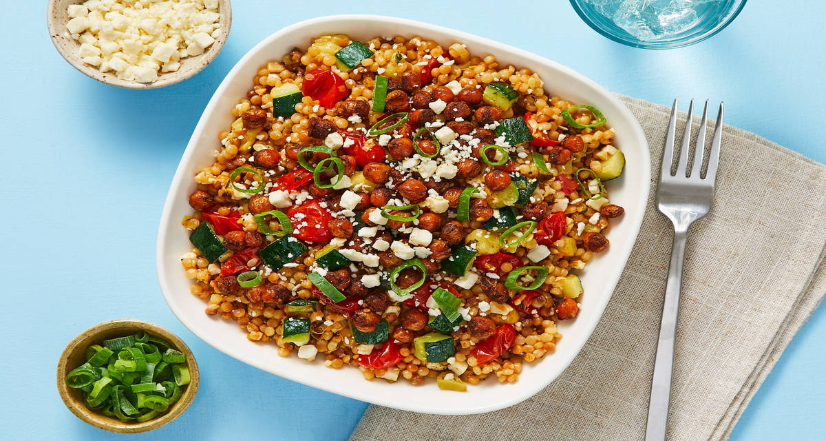 Mediterranean Couscous with Salmon plus Chickpeas, Zucchini & Grape Tomatoes