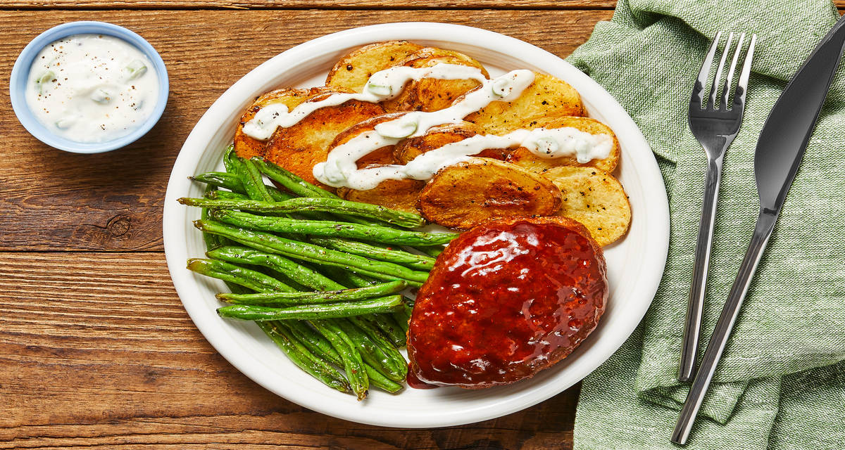 BBQ Meatloaves with Roasted Broccoli, Green Beans & Scallion Crema