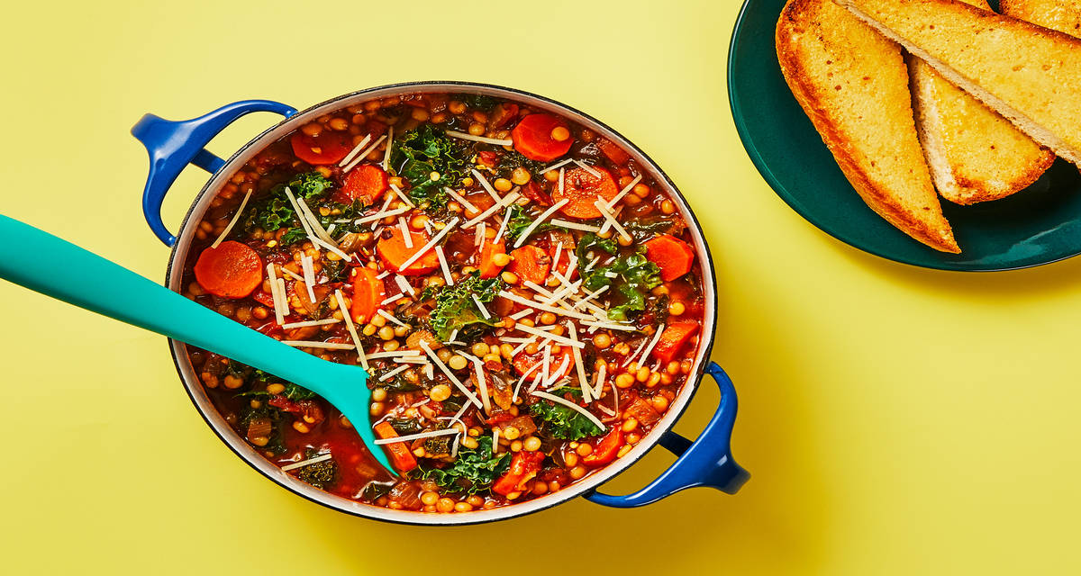 One-Pot Italian Beef & Tomato Soup with Kale, Pearled Couscous & Garlic Bread