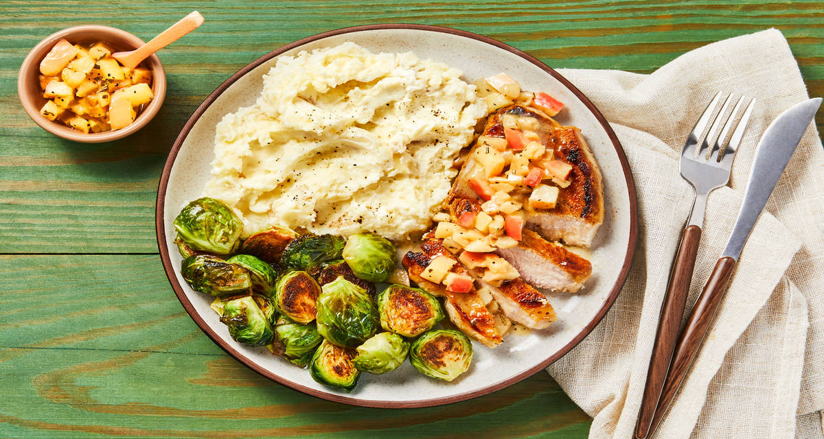 Bavette Steak & Apple Rosemary Pan Sauce with Mashed Potatoes & Roasted Brussels Sprouts