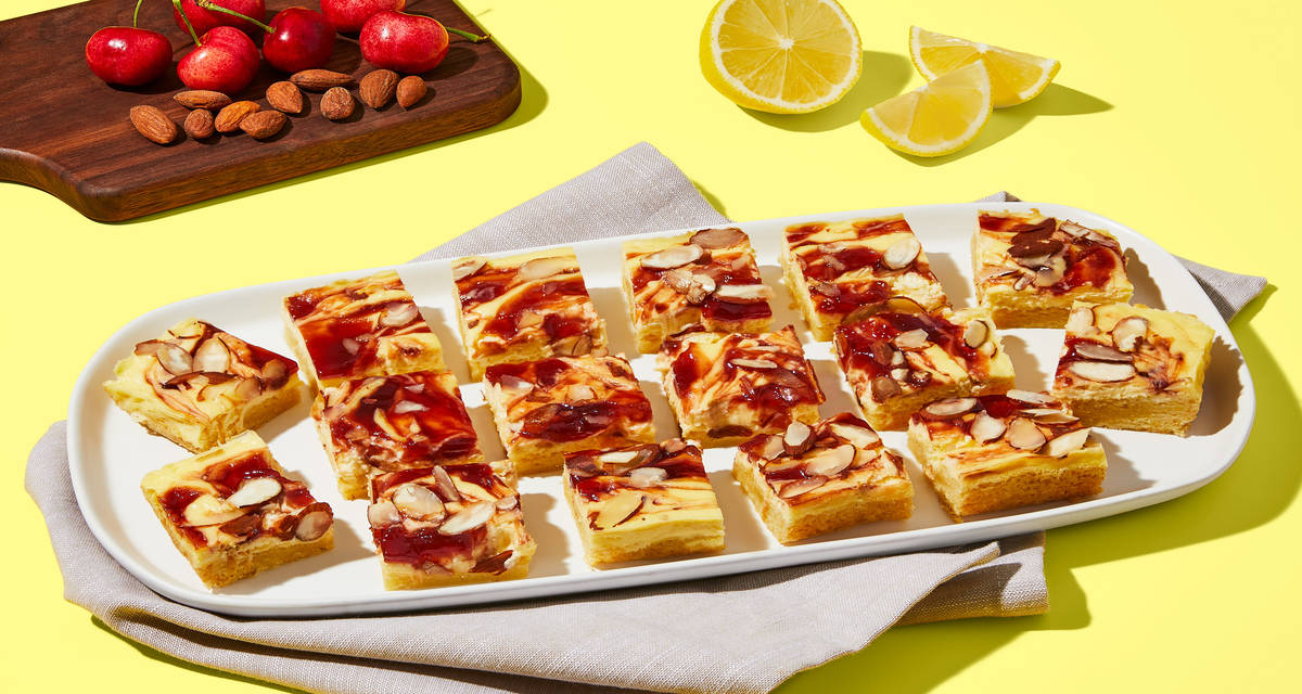 Cherry Cheesecake Swirl Bars with Philadelphia Cream Cheese & Sliced Almonds | 16 servings