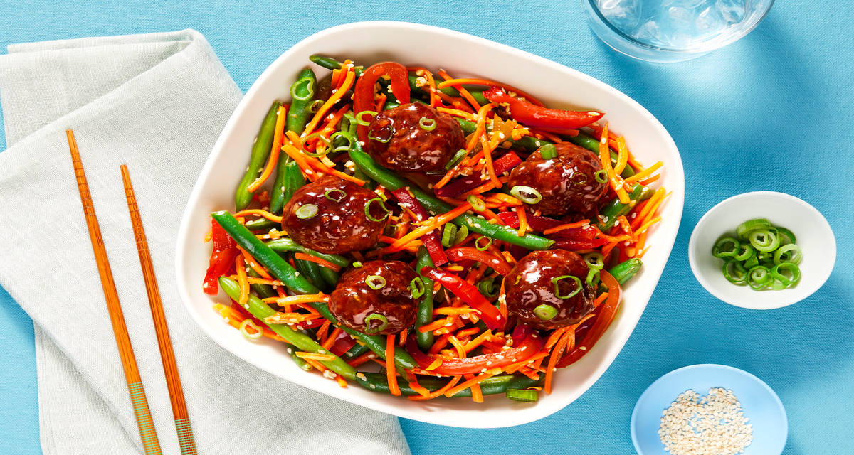 Soy-Glazed Meatballs with Bell Pepper, Carrot & Green Bean Stir-Fry