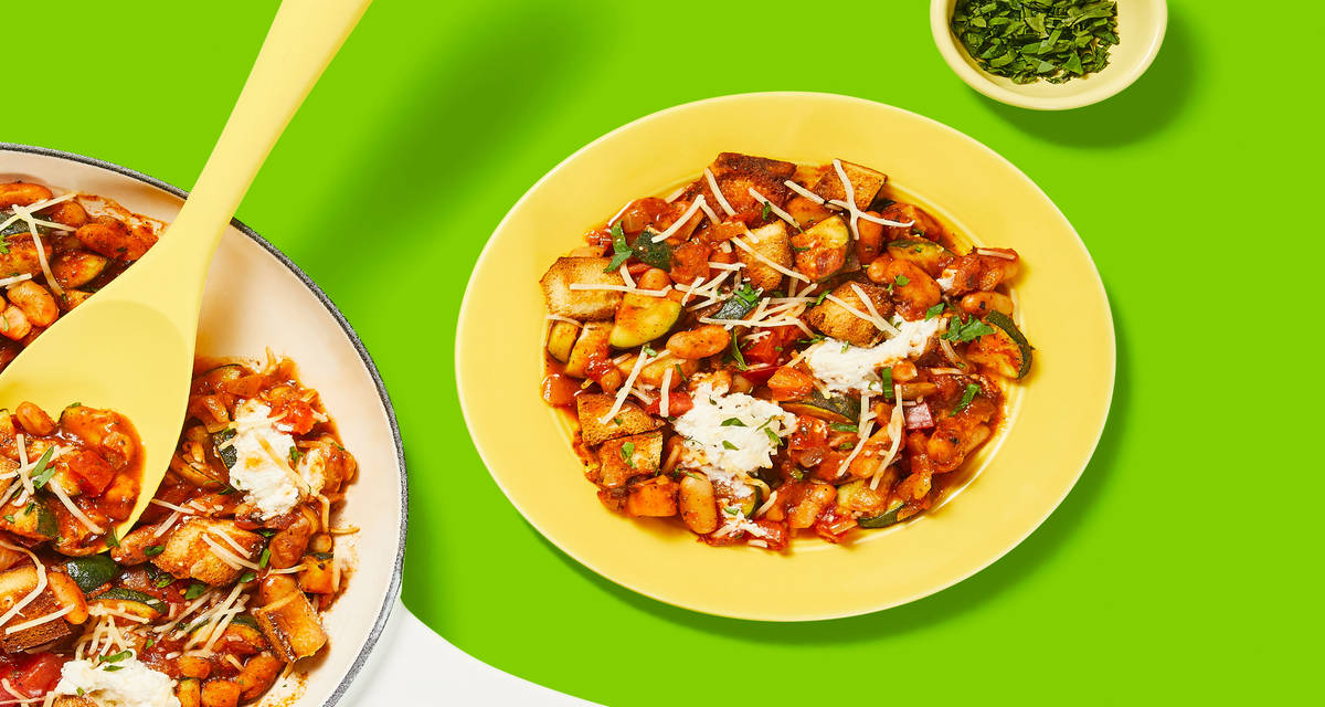 One-Pan Tuscan Tomato & White Beans with Zucchini, Ricotta & Parmesan Croutons