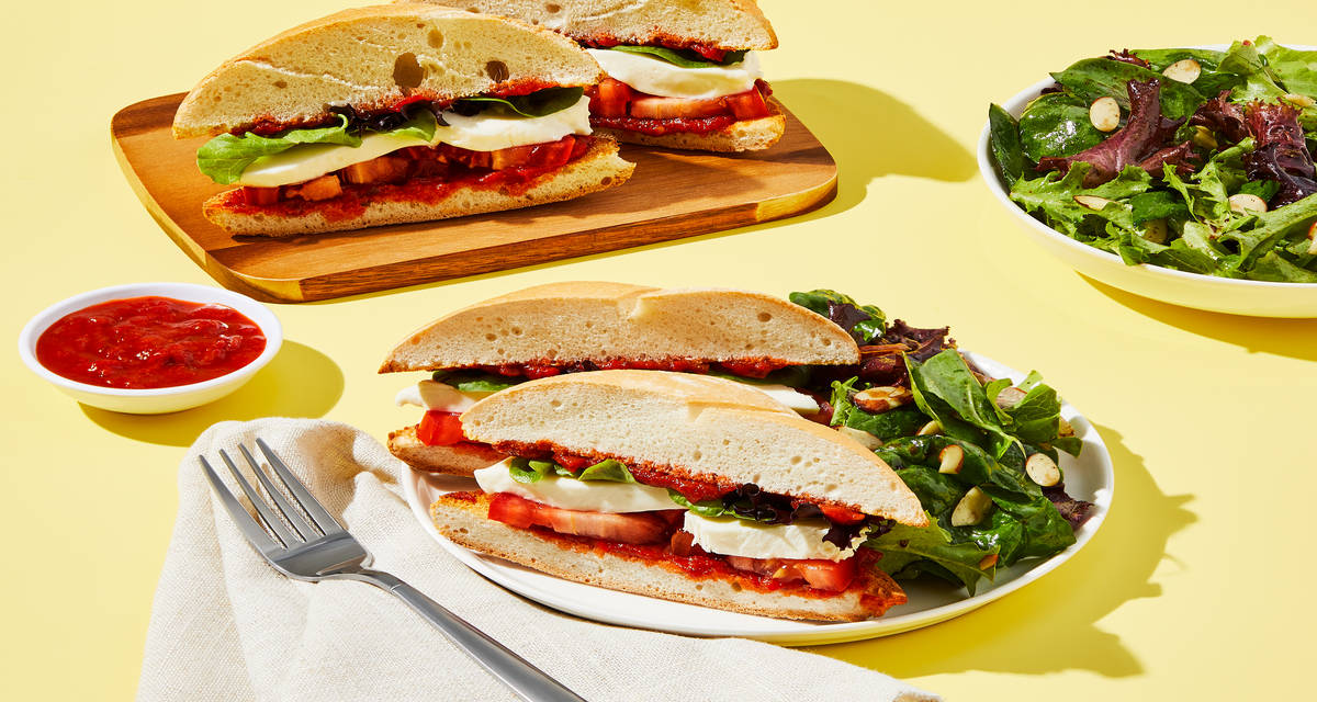Mozzarella & Roasted Red Pepper Sandos with an Almond-Studded Green Salad