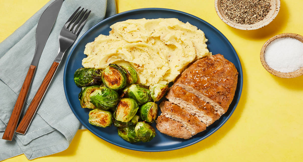 Maple-Dijon Beef Meatloaves with Roasted Brussels Sprouts & Mashed Potatoes