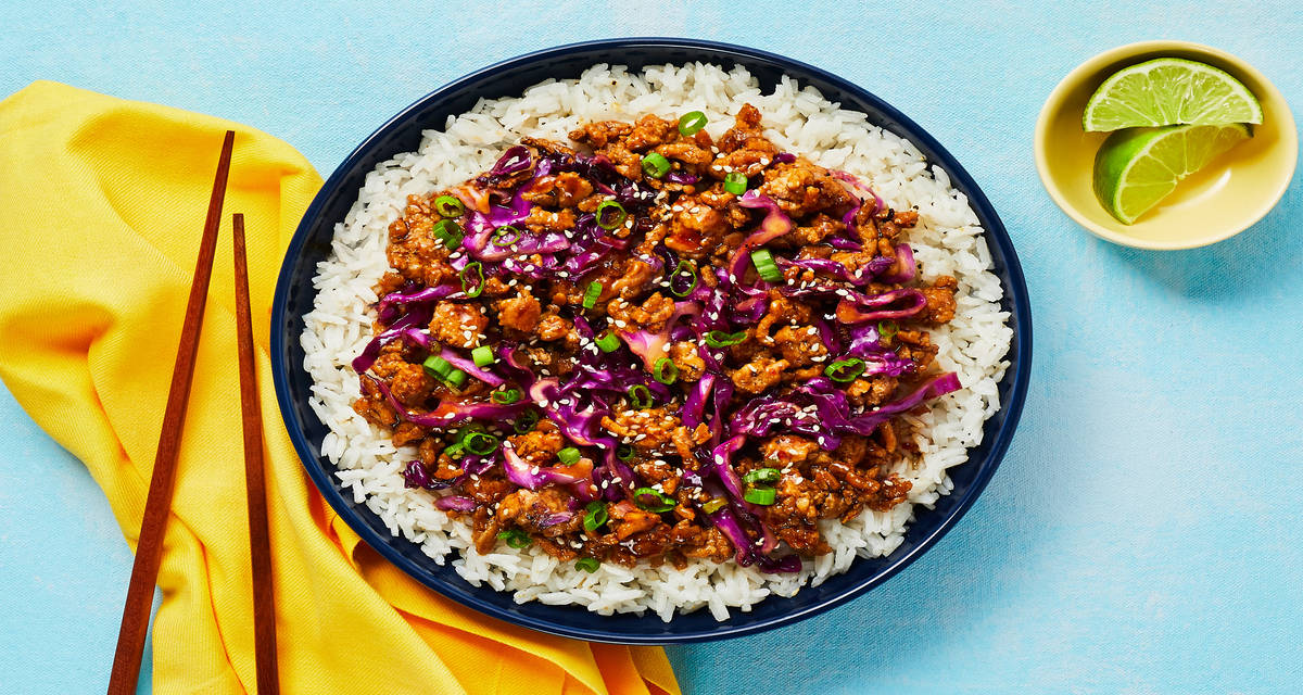 Moo Shu Turkey Bowls with Cabbage, Scallions & Buttery Rice