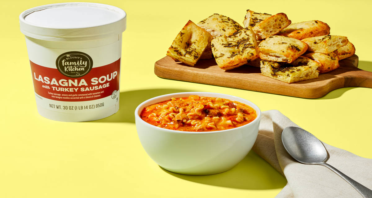 Lasagna Soup with Turkey Sausage + Focaccia 30 oz of a souper combo.