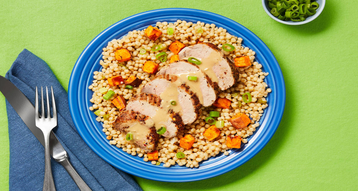 Bavette Steak with Creamy Pan Sauce plus Roasted Sweet Potato Couscous