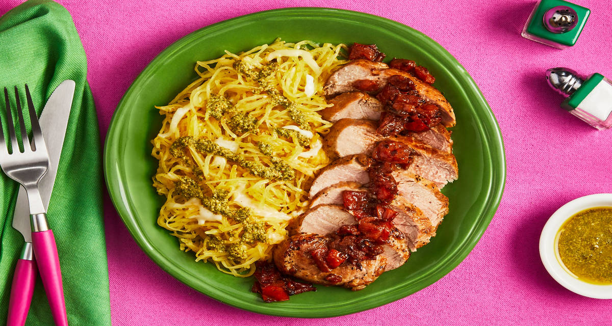 PORK WITH BALSAMIC TOMATO SAUCE roasted spaghetti squash, mozzarella, basil pesto