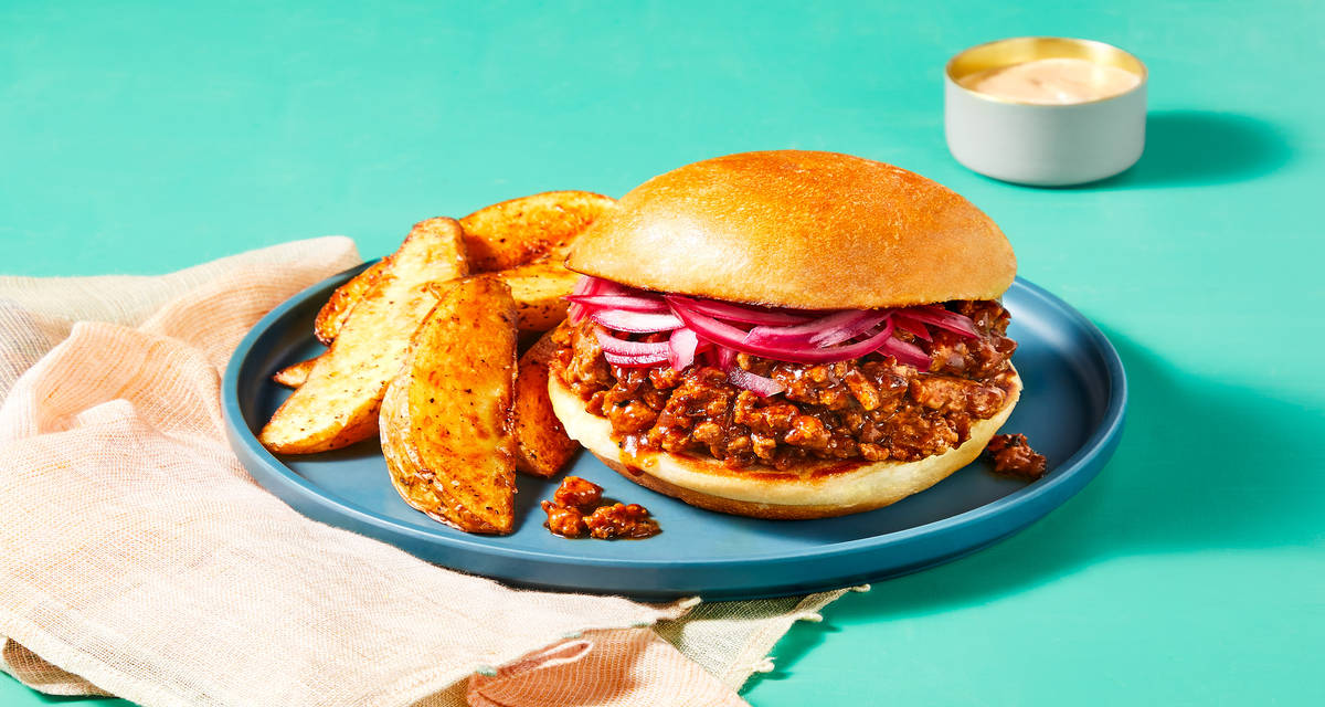 Old-School BBQ Pork Sloppy Joes with Pickled Onion, Potato Wedges & Chipotle Ranch